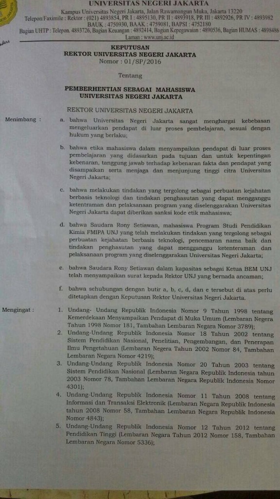 Ketua BEM UNJ di DO, BEM SI Keluarkan Tuntutan